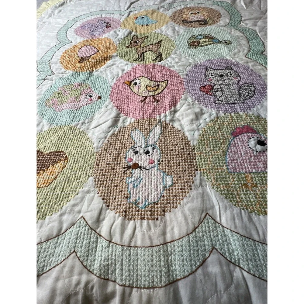 Baby Blanket Hand Made Embroidered Reversible Ruffled Edge Happi Woodland Quilt‎